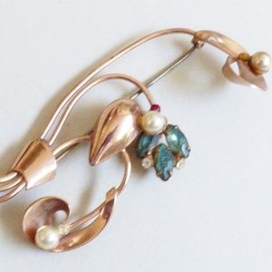 Vintage Large rose gold color Vermeil Floral Brooch Pin with Rhinestones